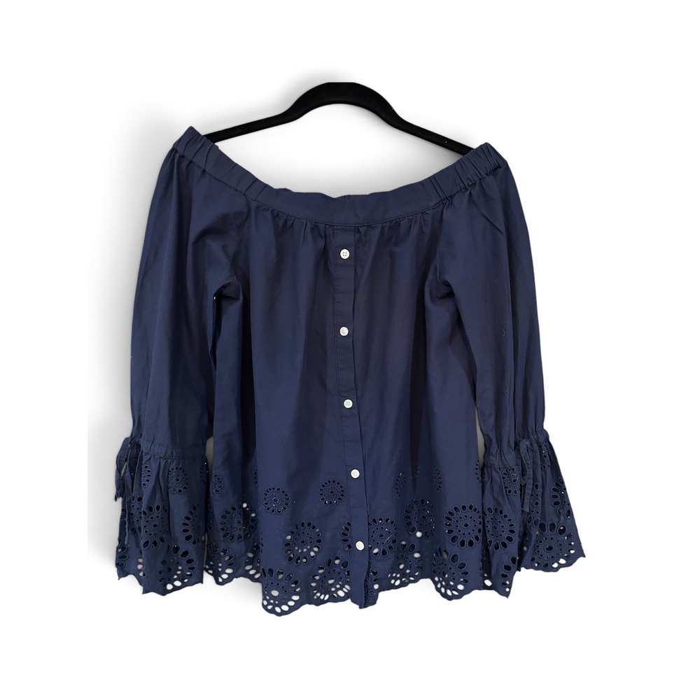 Isabella Sinclair Anthropologie Navy Blue Eyelet Off Shoulder Cotton Blouse XS